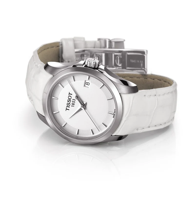 TISSOT COUTURIER LADY QUARTZ WHITE DIAL WATCH WITH WHITE LEATHER STRAP