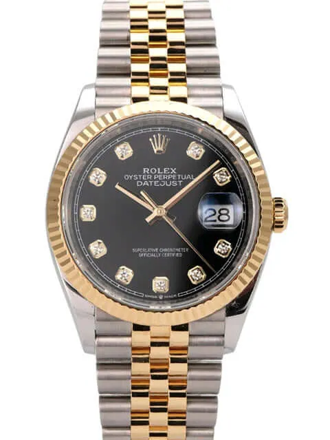 Rolex Datejust 36 Oystersteel / Gelbgold Ref. 126233 Schwarz Diamant Jubile-Band