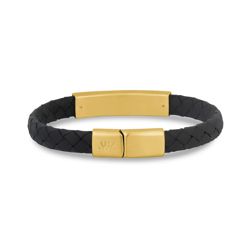 8mm Flat Leather Gold ID Bracelet