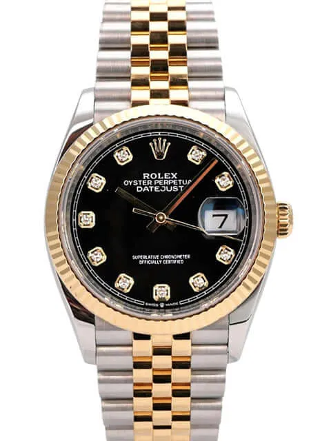 Rolex Datejust 36 Oystersteel Gelbgold 126233 Schwarz Diamant Jubile-Band