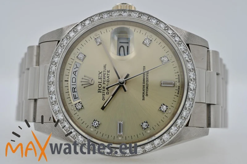 Rolex Oyster Perpetual Day Date 36 18k White Gold Weißgold Diamond Dial Bezel 18349