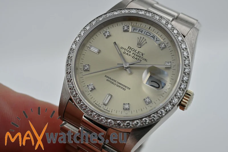 Rolex Oyster Perpetual Day Date 36 18k White Gold Weißgold Diamond Dial Bezel 18349