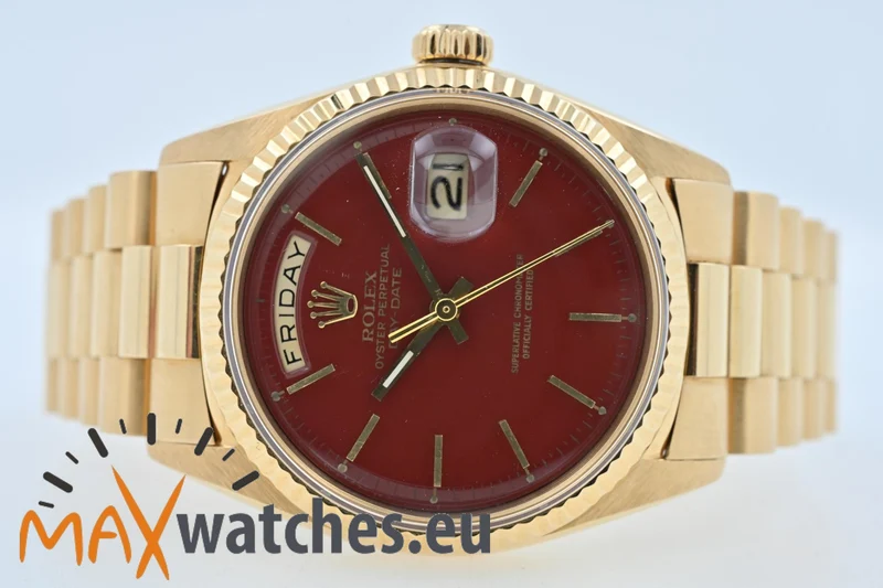 Rolex Oyster Perpetual Day Date 18k Gold Stella Oxblood Red Dial Full Set LC USA