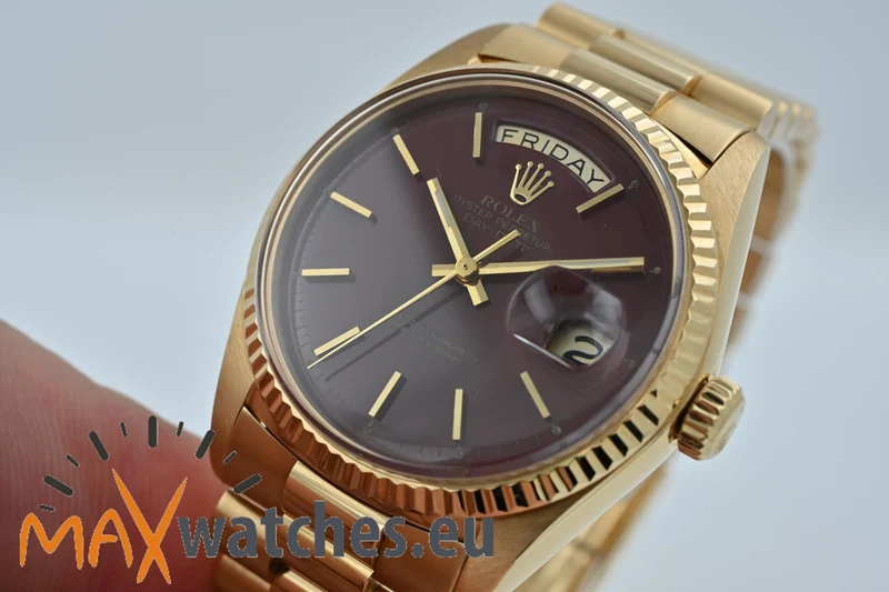 Rolex Oyster Perpetual Day Date 18k Gold Stella Oxblood Red Dial Full Set LC USA