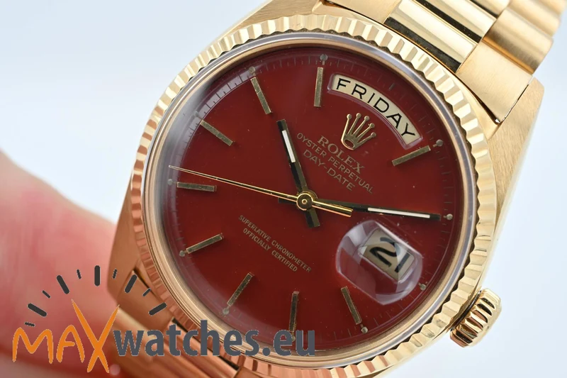 Rolex Oyster Perpetual Day Date 18k Gold Stella Oxblood Red Dial Full Set LC USA