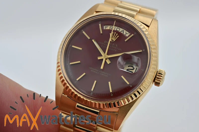 Rolex Oyster Perpetual Day Date 18k Gold Stella Oxblood Red Dial Full Set LC USA