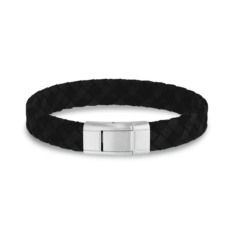 Schwarzes Lederarmband mit Stahlschließe