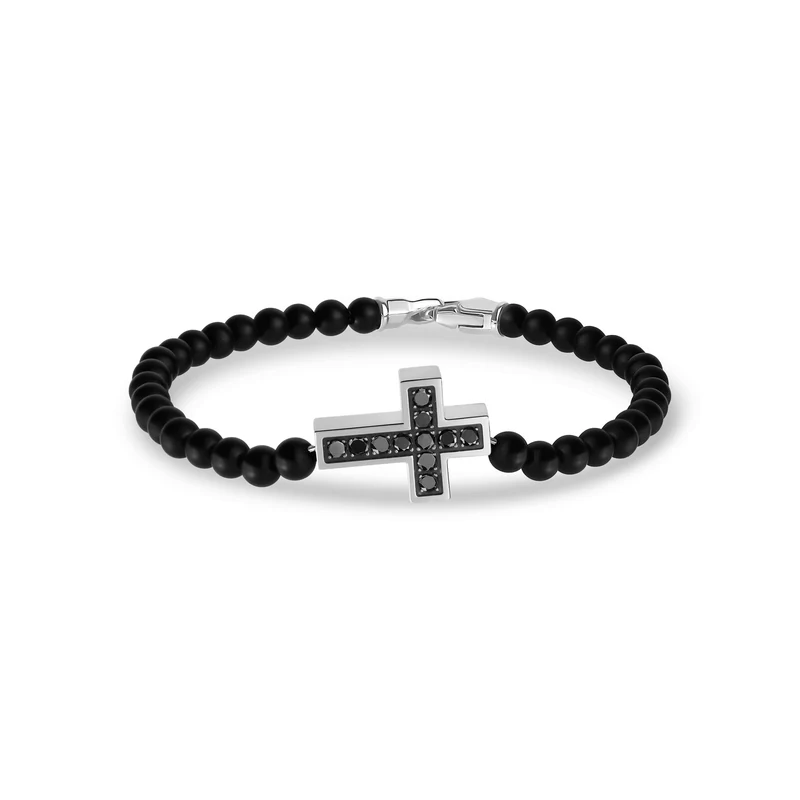 Schwarzer Zirkon Kreuz Perlenarmband