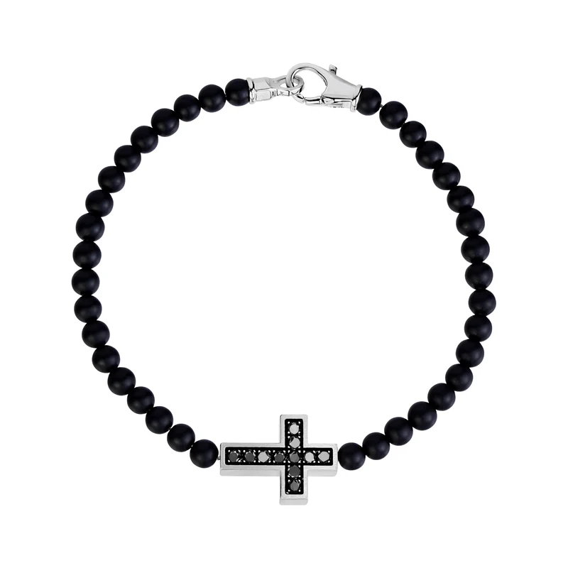 Schwarzer Zirkon Kreuz Perlenarmband