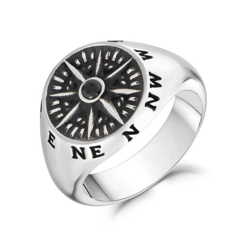 Schwarzer Stein Kompass Signet Ring
