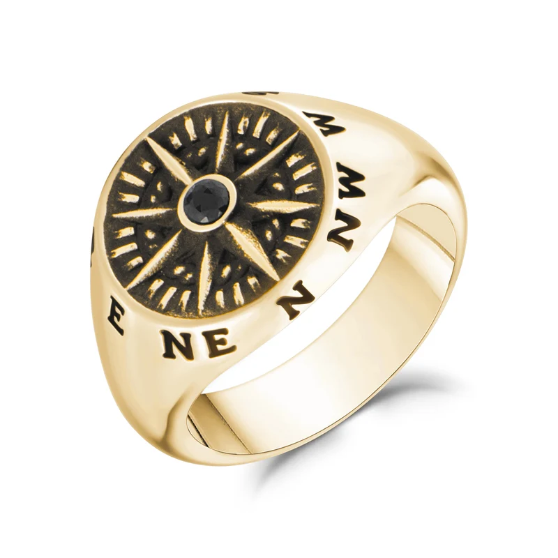 Schwarzer Stein Kompass Signet Ring
