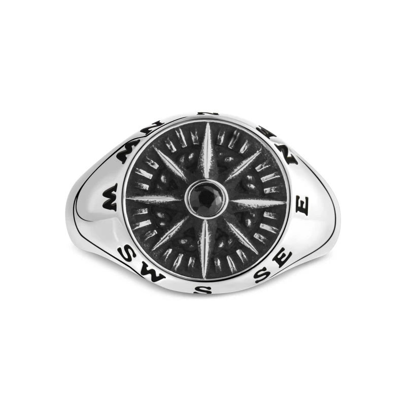 Schwarzer Stein Kompass Signet Ring