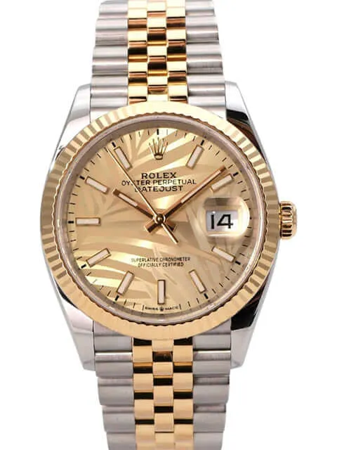 Rolex Datejust 36 Oystersteel Gelbgold 126233 Golden Palmenmuster Jubile-Band