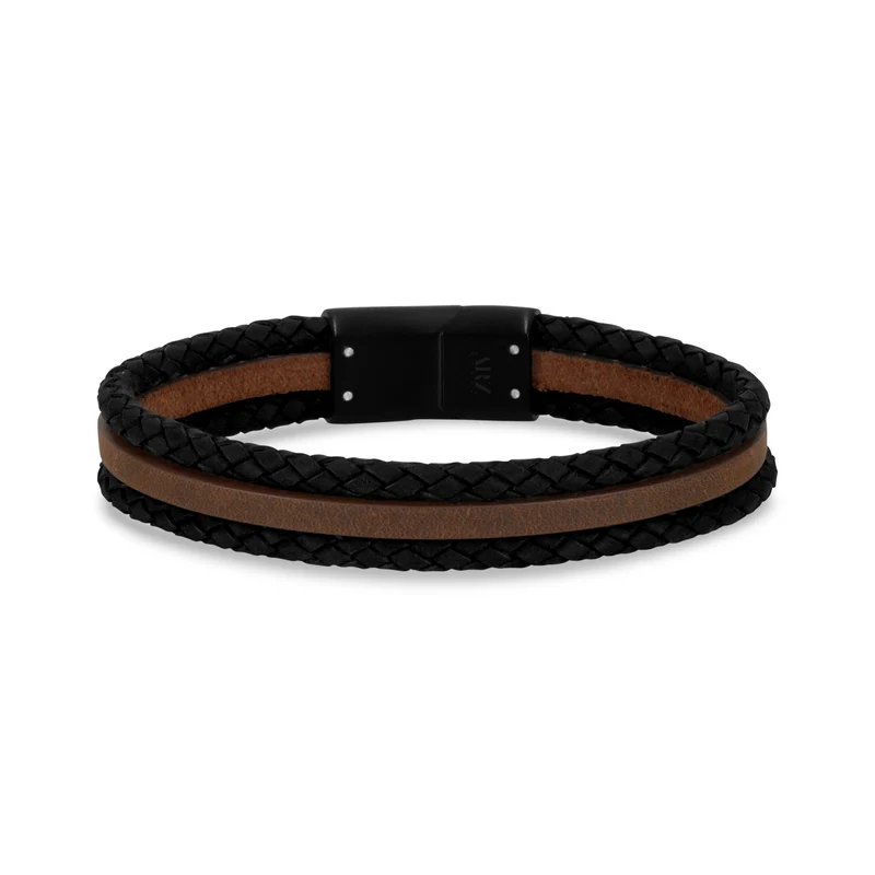 Dreireihiges schwarzes und braunes Lederarmband