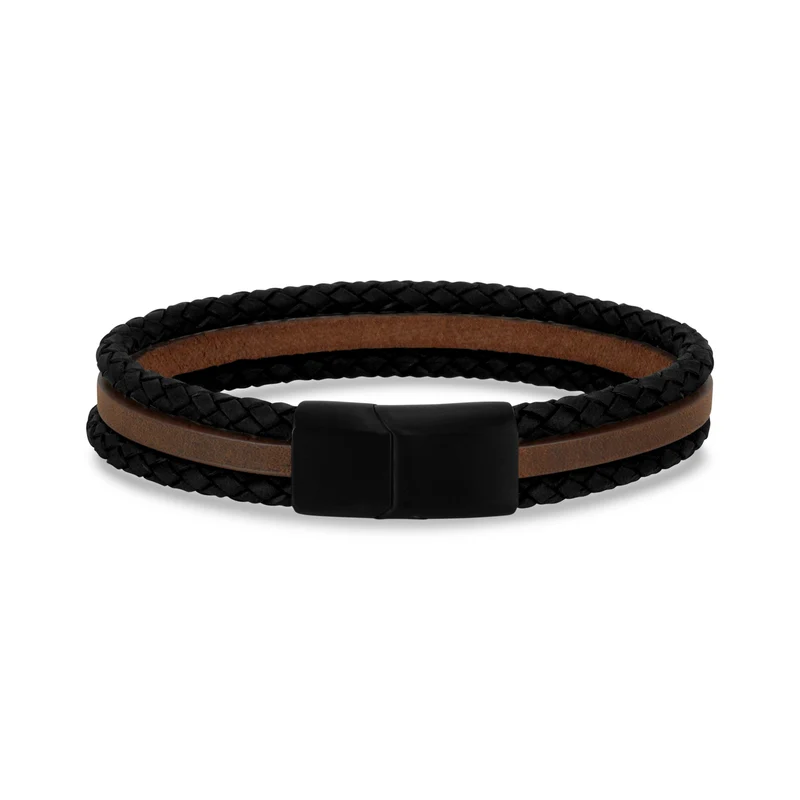 Dreireihiges schwarzes und braunes Lederarmband
