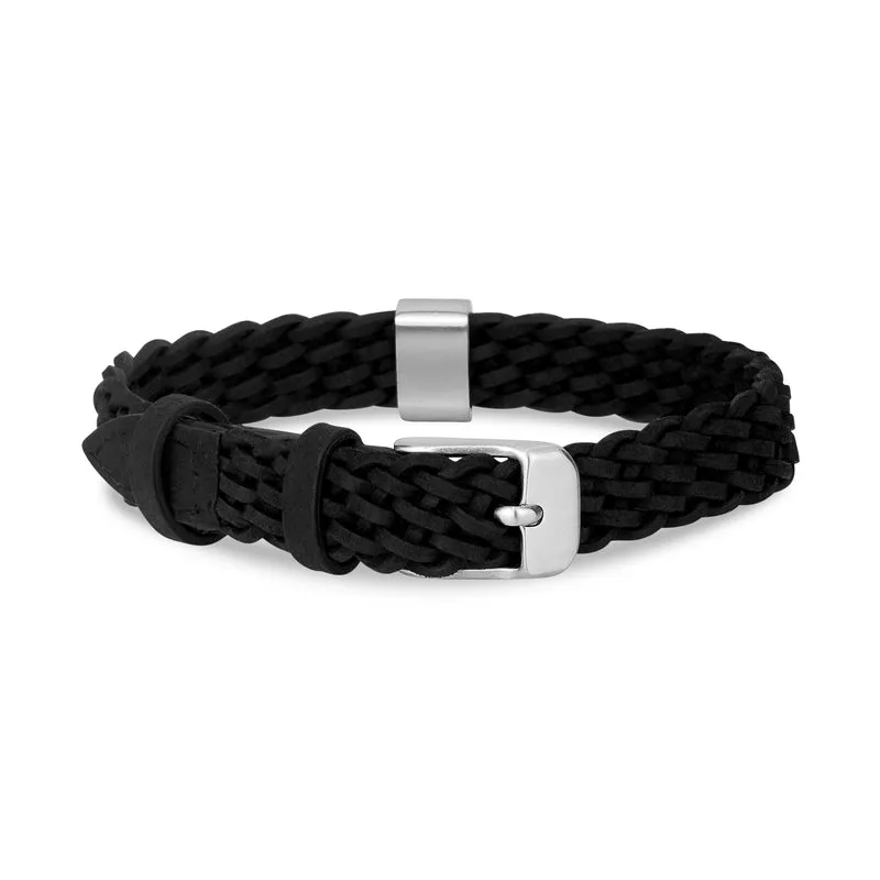 Engraved Black Braided Leather Bracelet