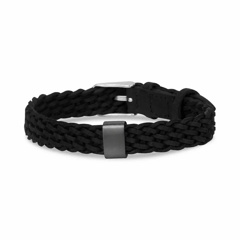 Engraved Black Braided Leather Bracelet