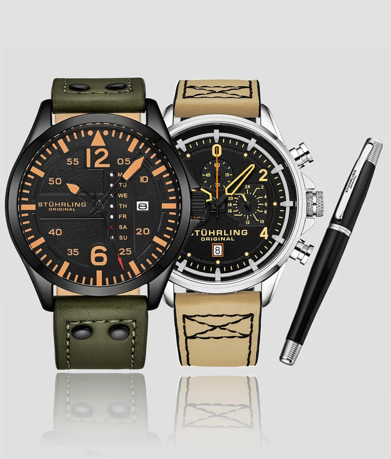 Stührling Aeronaut 44mm Aviator, Volda 45mm Aviator, and Stührling Signature Pen
