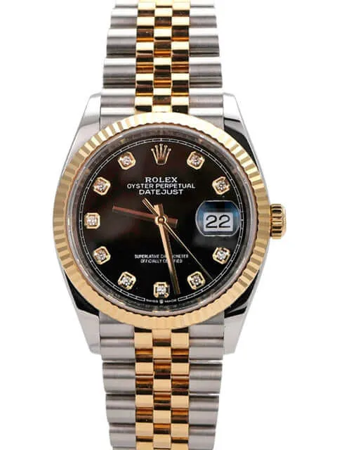 Rolex Datejust 36 Oystersteel Gelbgold 126233 Schwarz Diamant Jubile-Band