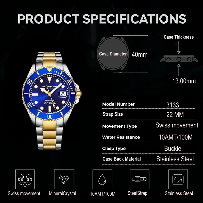 Stührling Depthmaster 4055 Swiss Quartz 40mm Dive Watch