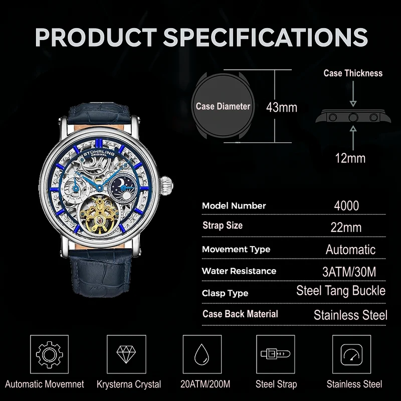 Stührling Macrocosm 4000 Automatic 43mm Skeleton with Dual Time
