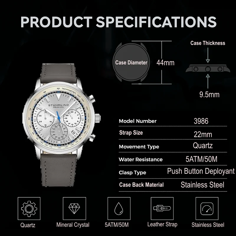 Stührling Monaco Chronograph with Tachymeter Quartz 3986L 44mm Watch