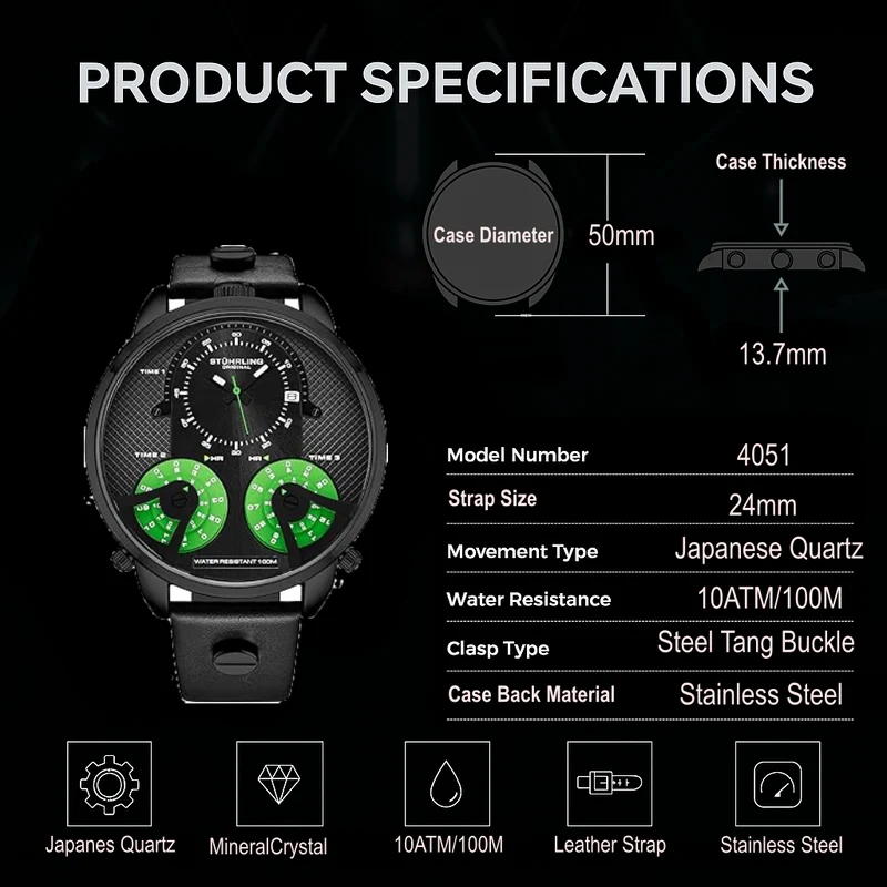 Stührling TerraTime Triple-Time 4051 Quartz 50mm