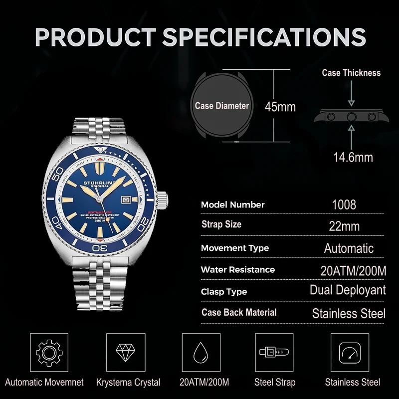 Stührling The Swiss Automatic Depthmaster 1008 45mm Diver