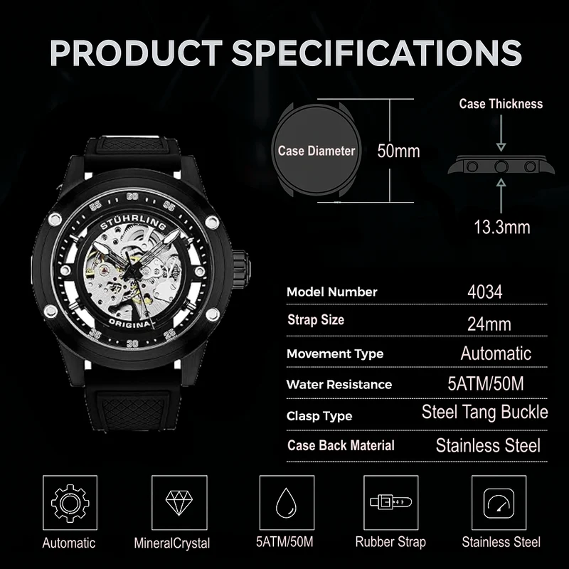Stührling Grandiose 4034 Automatic 50mm Skeleton