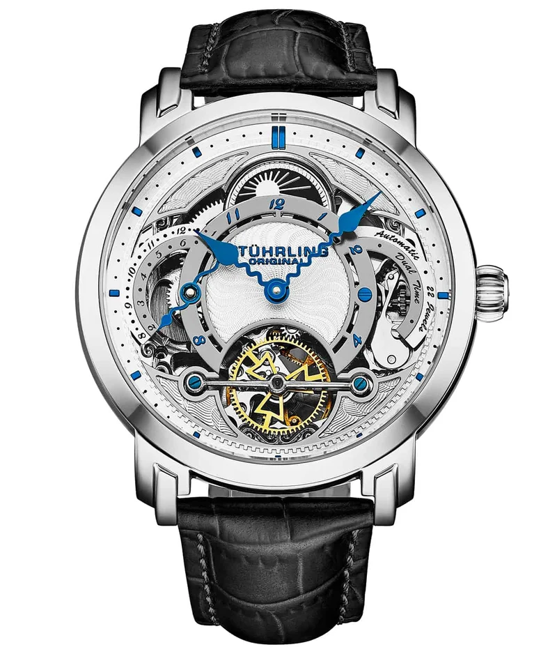 Stührling Celestial Timekeeper 1017 Dual Time Automatic 44mm Skeleton Watch