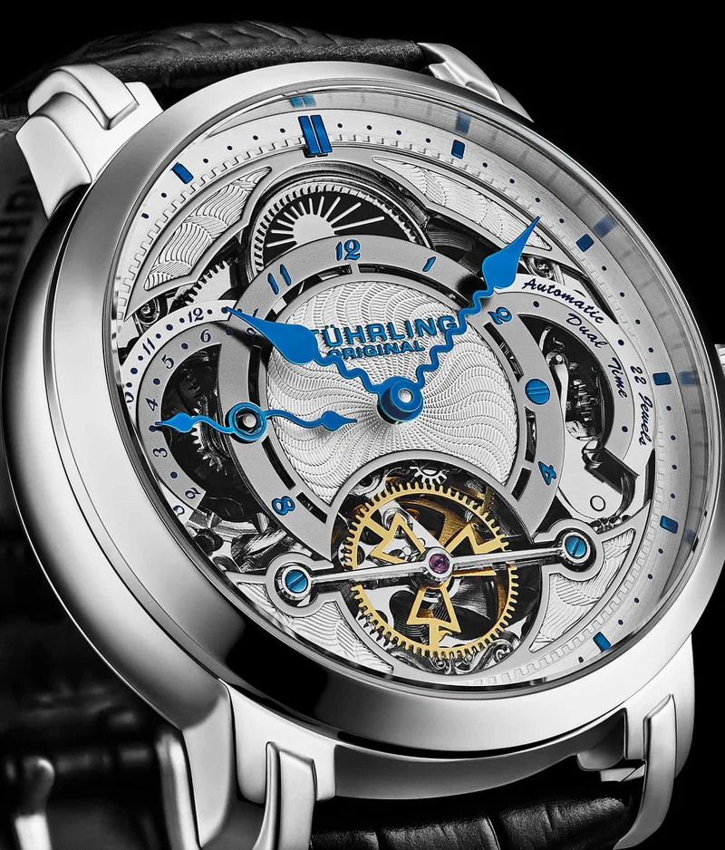 Stührling Celestial Timekeeper 1017 Dual Time Automatic 44mm Skeleton Watch