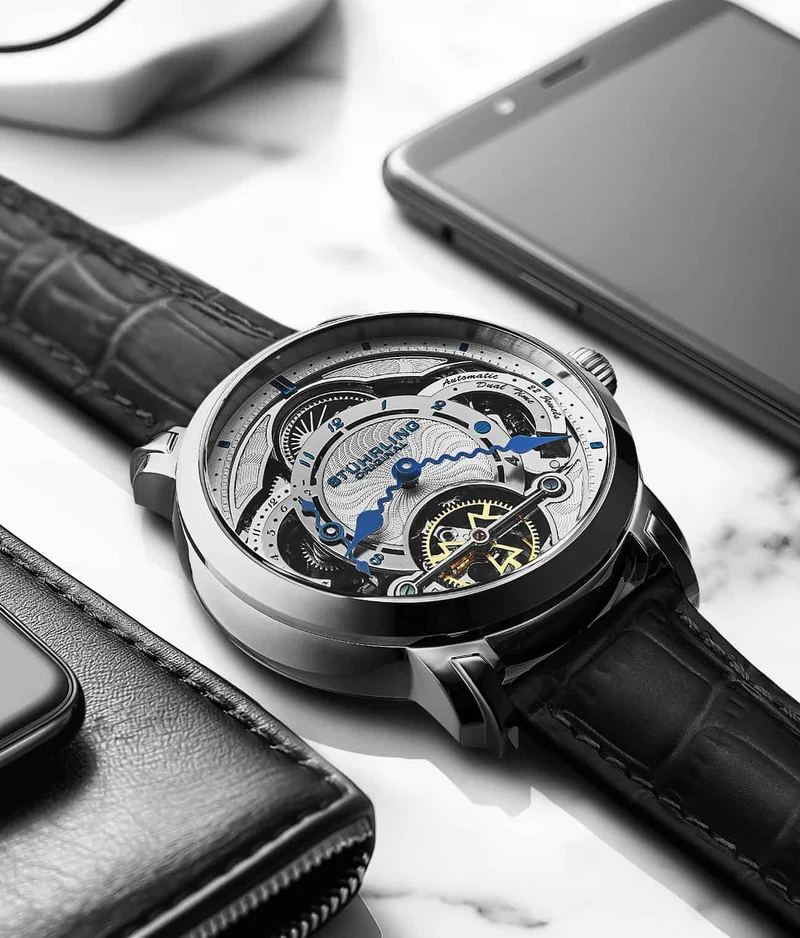 Stührling Celestial Timekeeper 1017 Dual Time Automatic 44mm Skeleton Watch