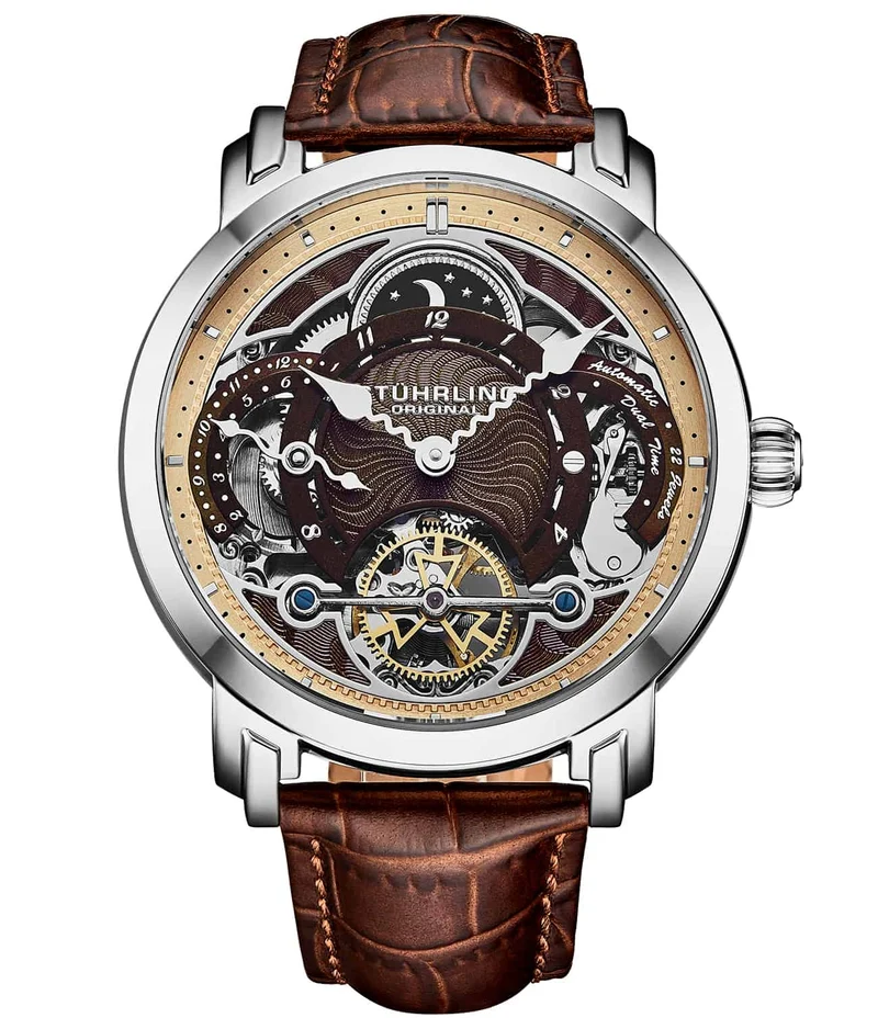 Stührling Celestial Timekeeper 1017 Dual Time Automatic 44mm Skeleton Watch