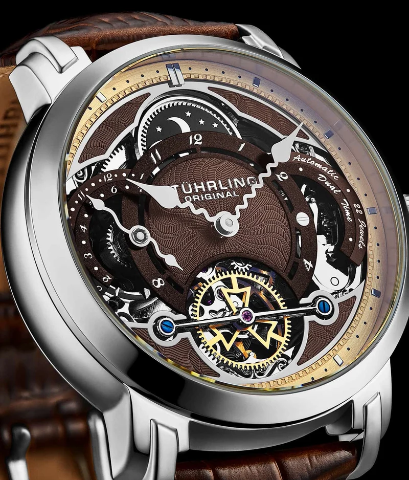 Stührling Celestial Timekeeper 1017 Dual Time Automatic 44mm Skeleton Watch