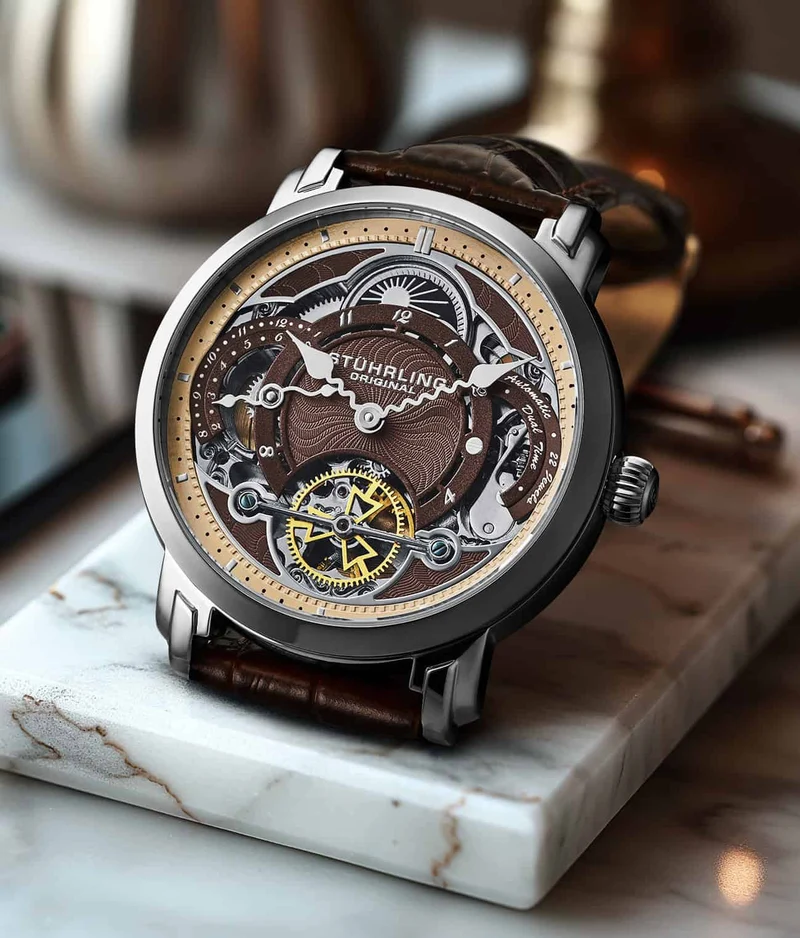Stührling Celestial Timekeeper 1017 Dual Time Automatic 44mm Skeleton Watch