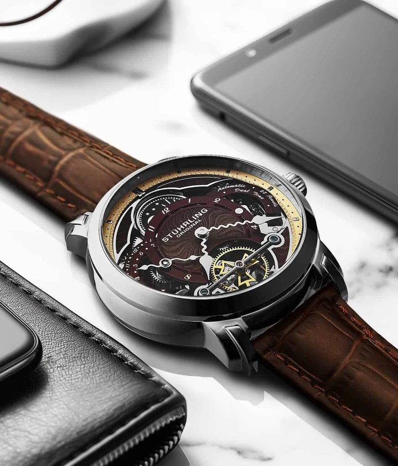 Stührling Celestial Timekeeper 1017 Dual Time Automatic 44mm Skeleton Watch