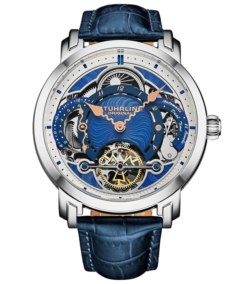 Stührling Celestial Timekeeper 1017 Dual Time Automatic 44mm Skeleton Watch