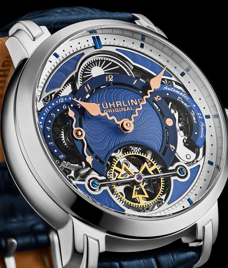 Stührling Celestial Timekeeper 1017 Dual Time Automatic 44mm Skeleton Watch
