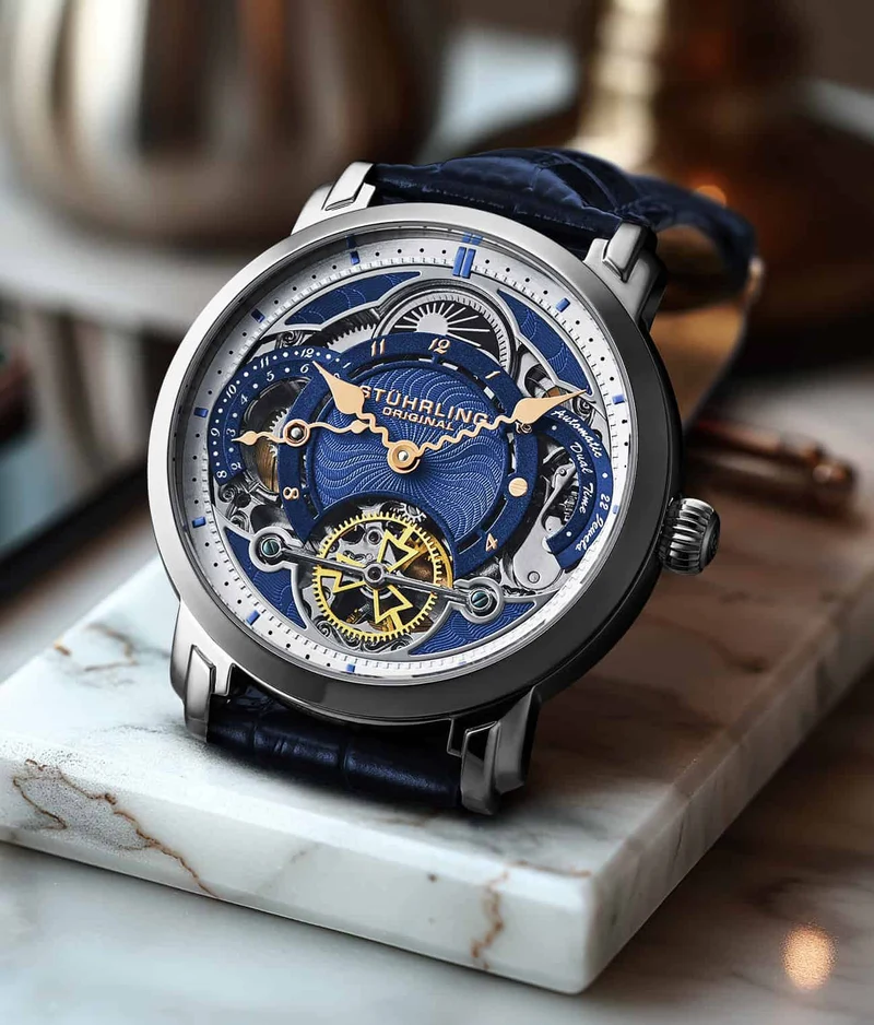 Stührling Celestial Timekeeper 1017 Dual Time Automatic 44mm Skeleton Watch