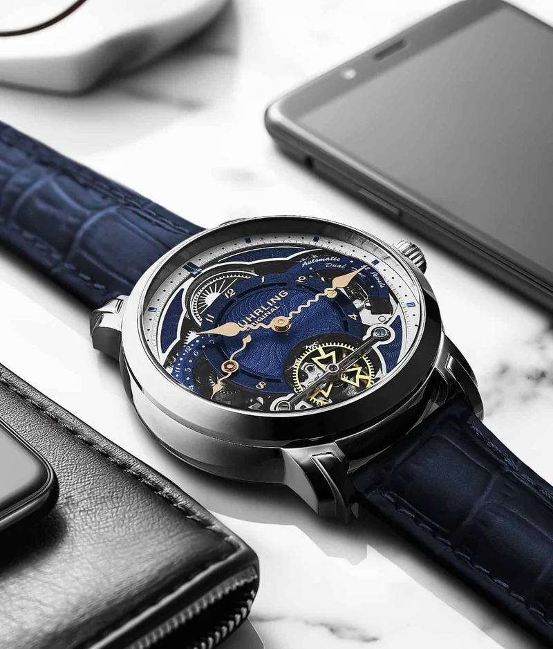 Stührling Celestial Timekeeper 1017 Dual Time Automatic 44mm Skeleton Watch