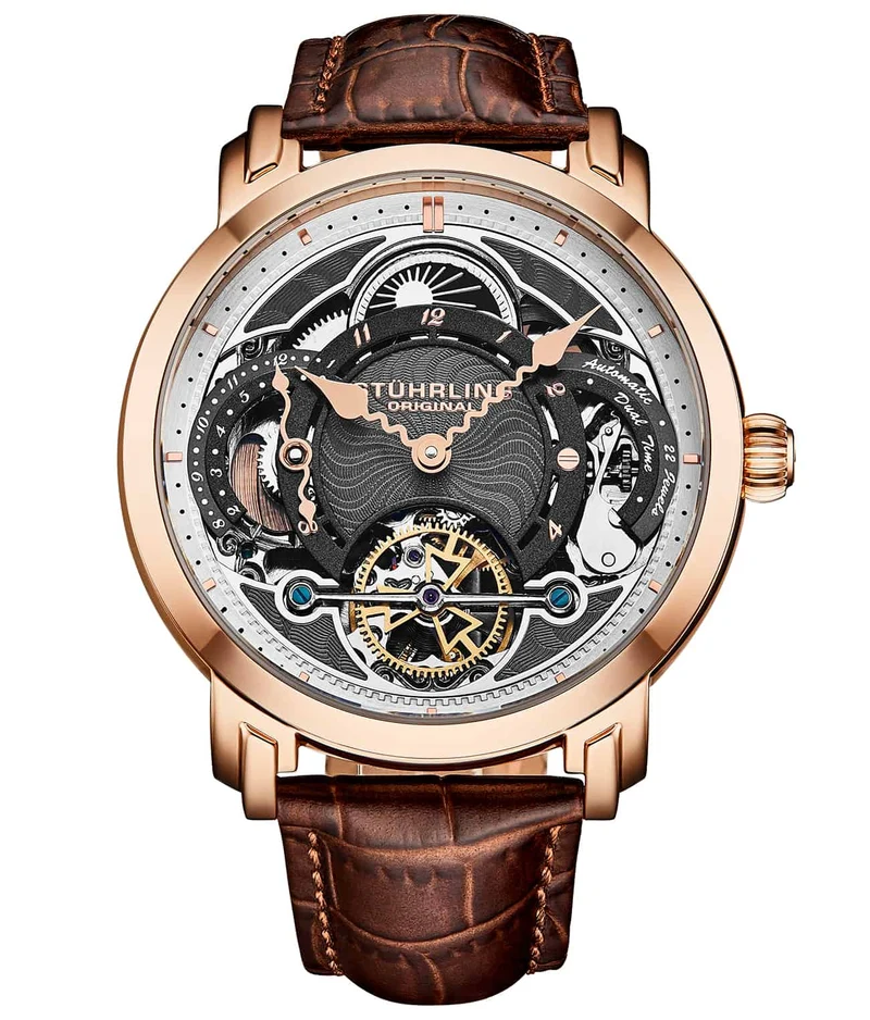 Stührling Celestial Timekeeper 1017 Dual Time Automatic 44mm Skeleton Watch