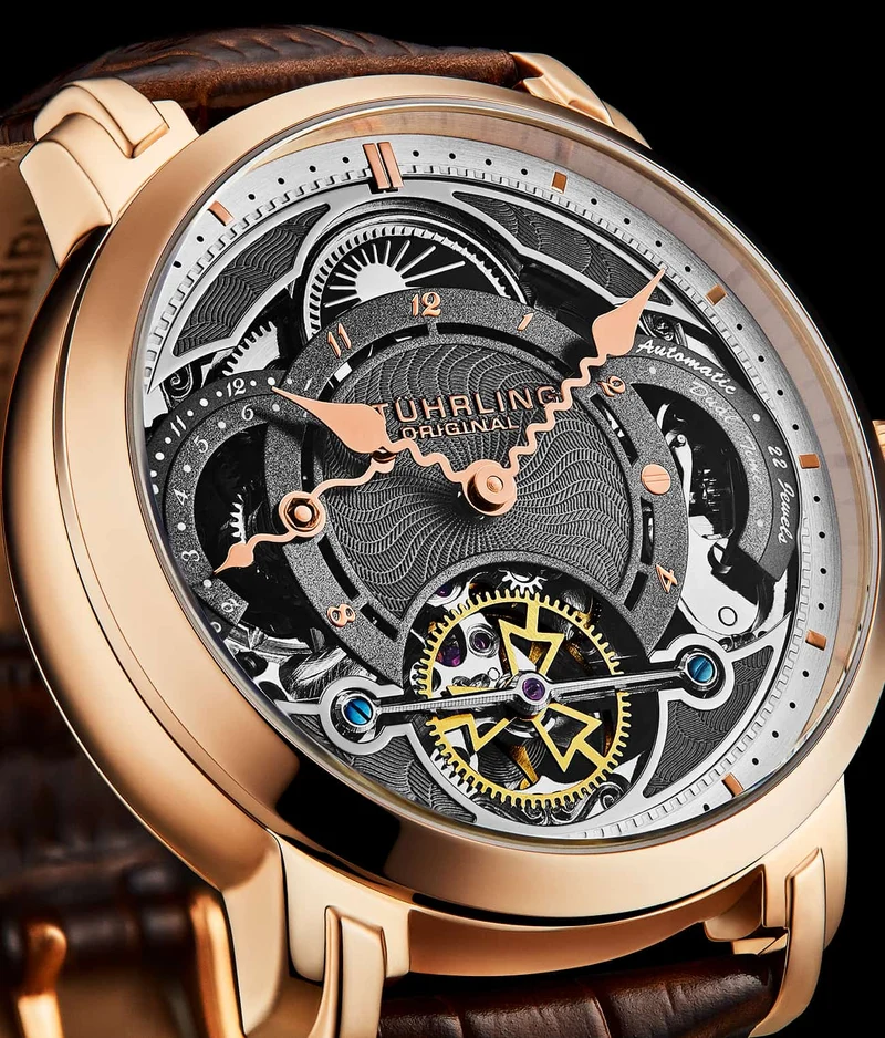Stührling Celestial Timekeeper 1017 Dual Time Automatic 44mm Skeleton Watch