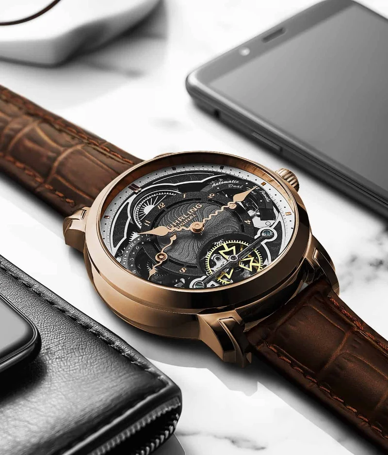 Stührling Celestial Timekeeper 1017 Dual Time Automatic 44mm Skeleton Watch