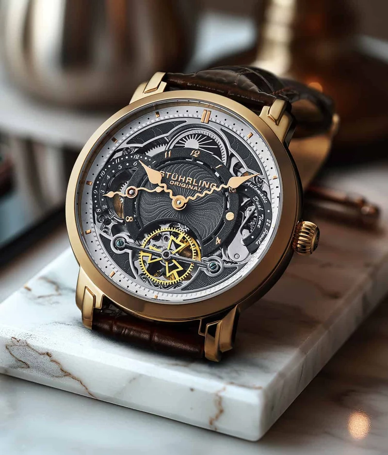 Stührling Celestial Timekeeper 1017 Dual Time Automatic 44mm Skeleton Watch