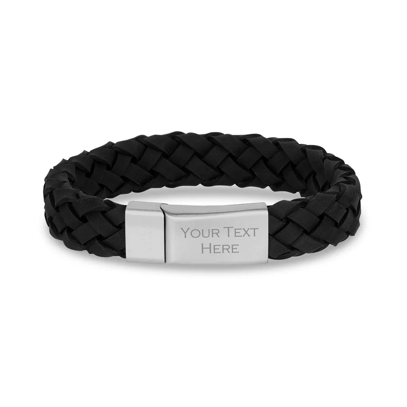 12mm Schwarzes Leder-Stahl-Armband