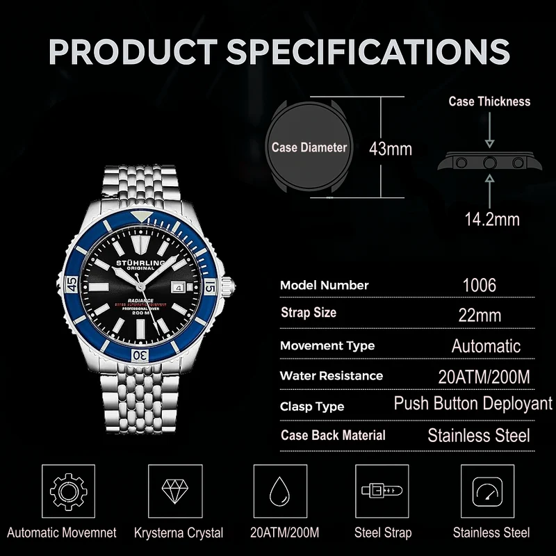 Stührling Swiss Automatic Super Luminova Radiance 1006 43mm Watch