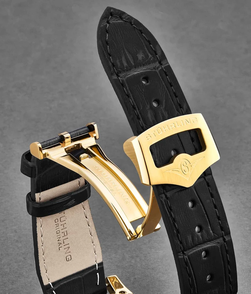 Stührling 20mm Leather Strap with Stainless Steel Deployant Buckle
