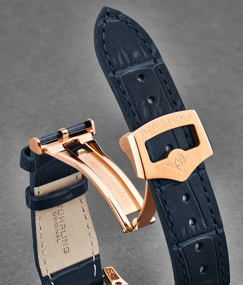 Stührling 20mm Leather Strap with Stainless Steel Deployant Buckle