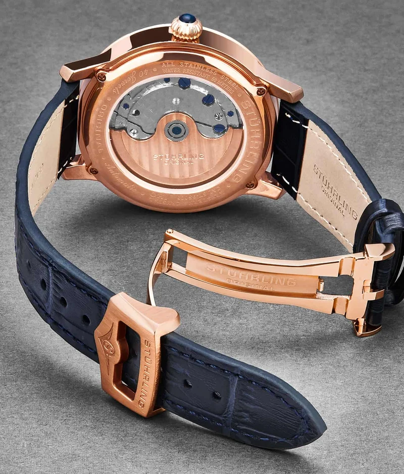 Stührling 20mm Leather Strap with Stainless Steel Deployant Buckle
