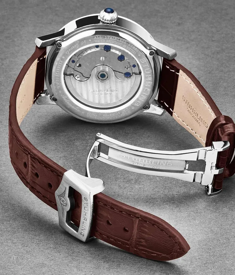 Stührling 20mm Leather Strap with Stainless Steel Deployant Buckle